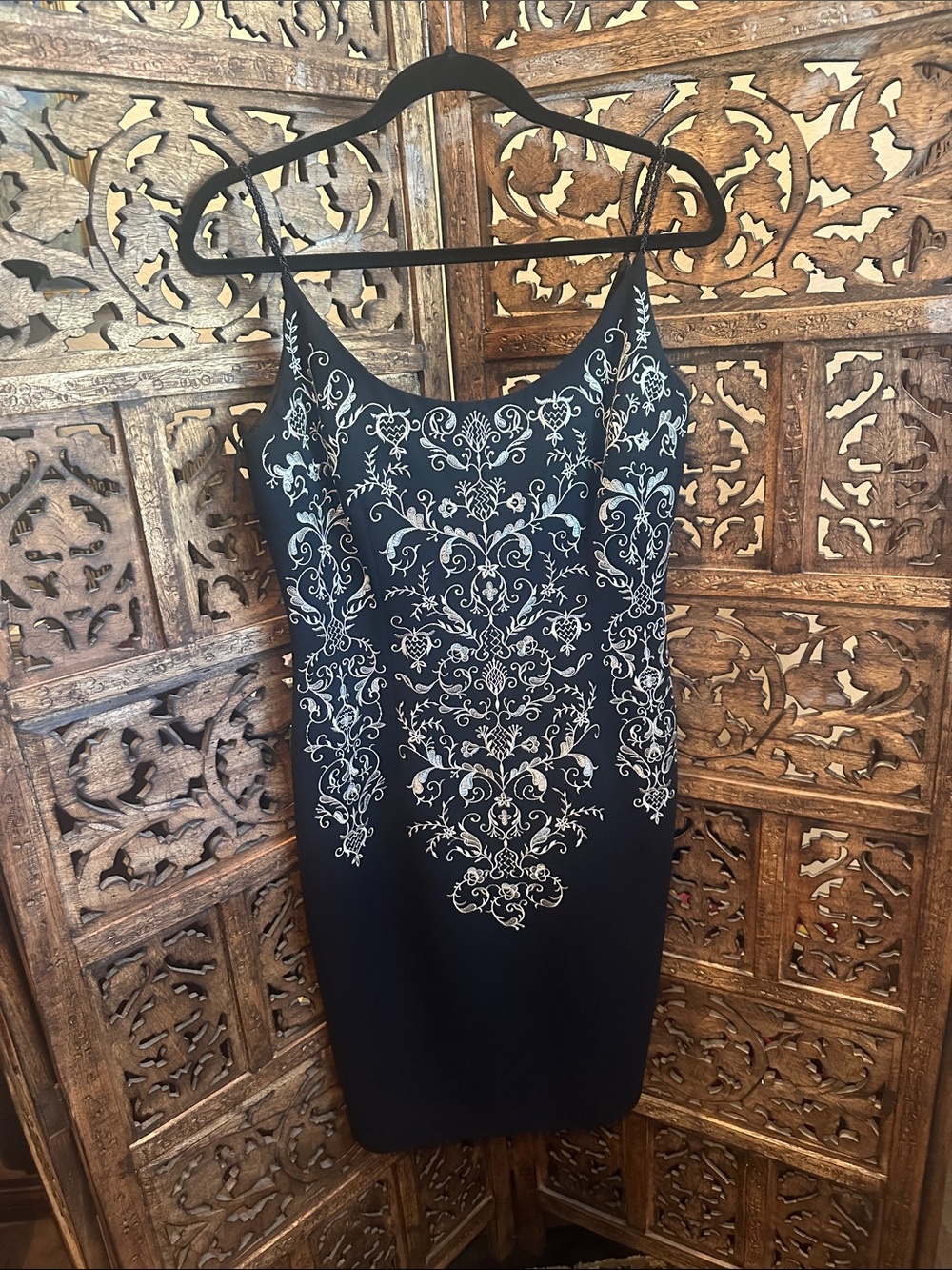 Maggy London Black Cocktail Dress with White Ornate Embroidery